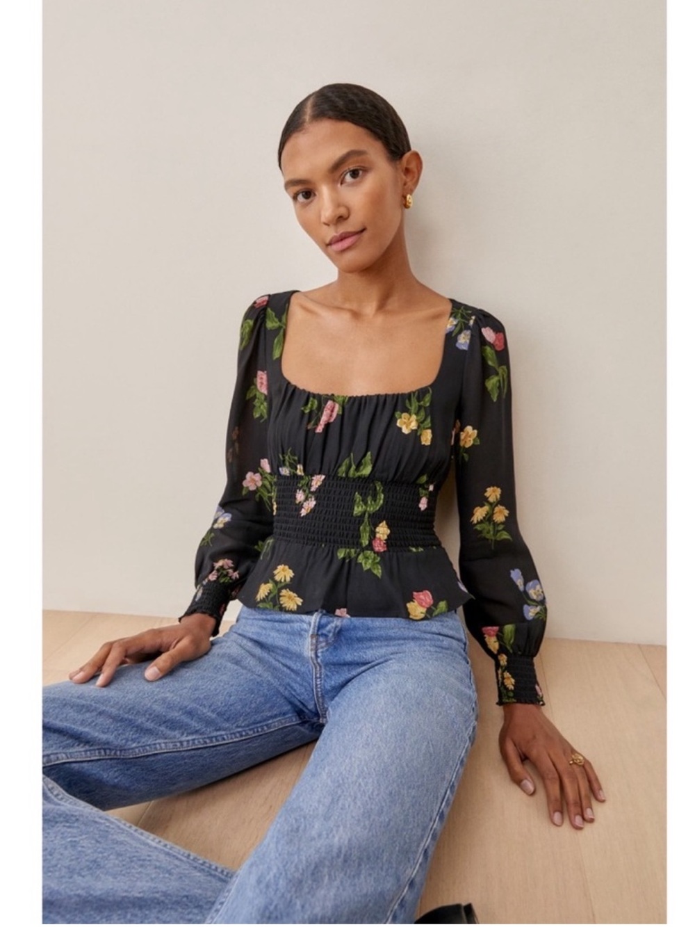 Reformation Hearth Blouse Night Bloom Romantic Floral Smocked Puff Sleeve 6⁠